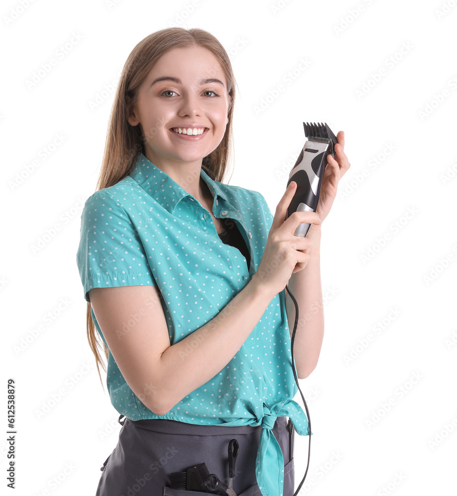 Female hairdresser with trimmer on white background