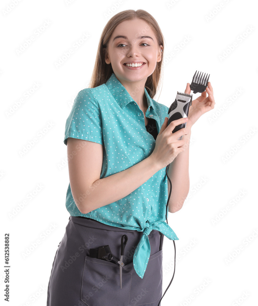 Female hairdresser with trimmer on white background