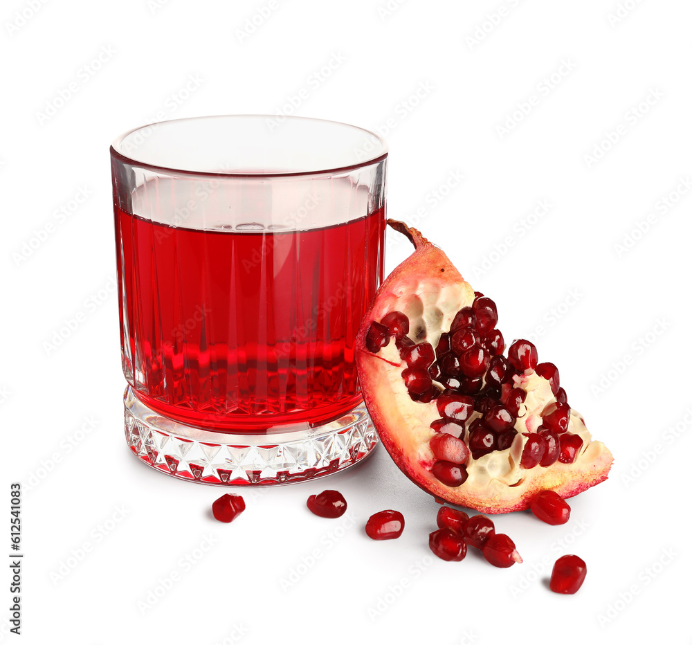 Glass of fresh pomegranate juice on white background