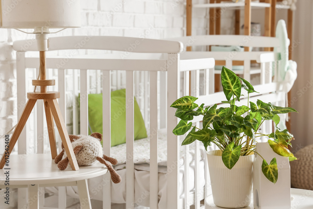 Baby crib in interior of light bedroom