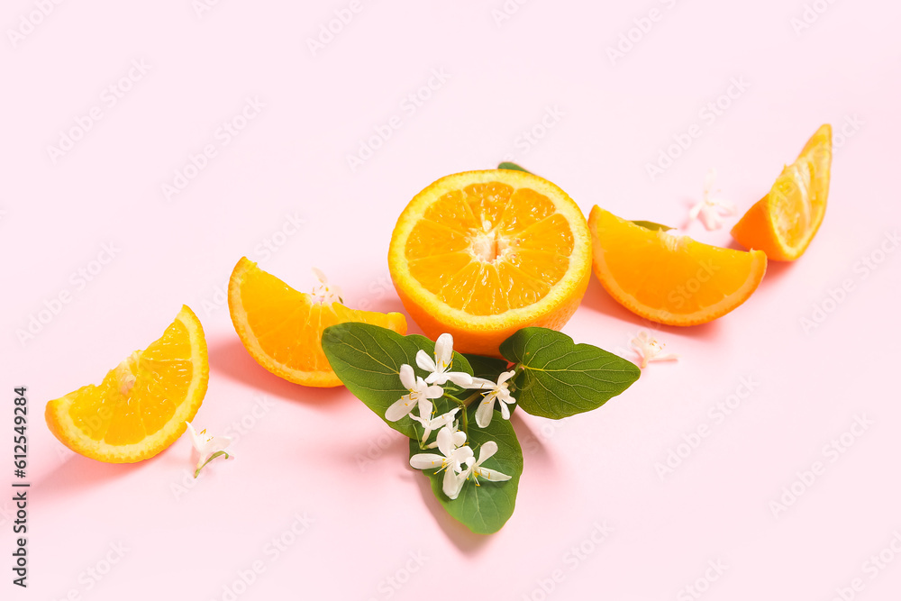 Oranges with blooming branch on pink background