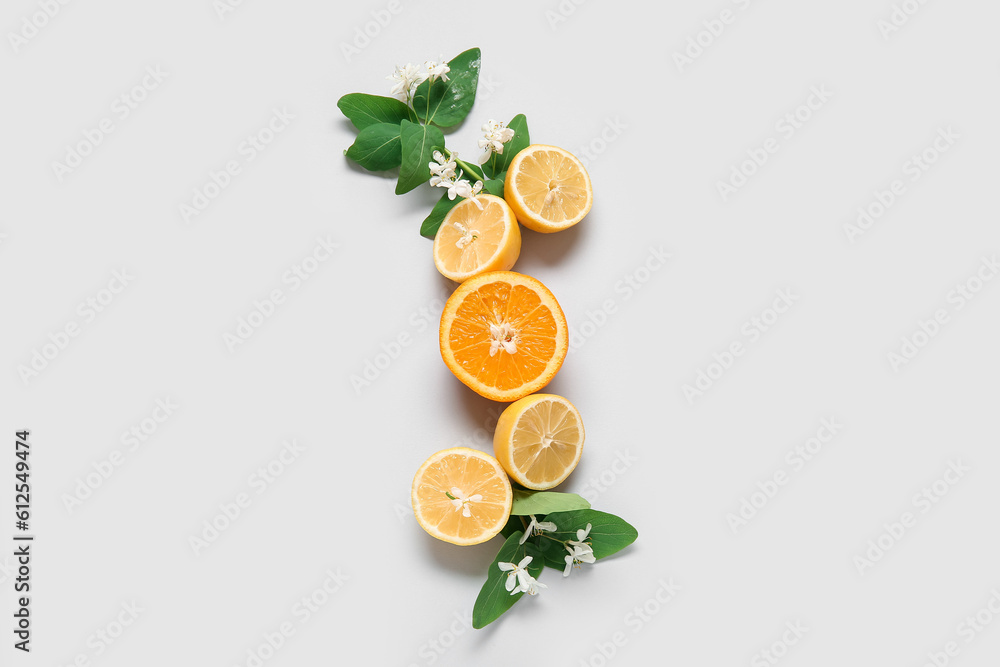 Lemons and orange with blooming branches on grey background