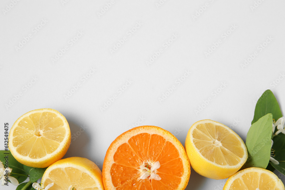 Lemons and orange with blooming branches on grey background