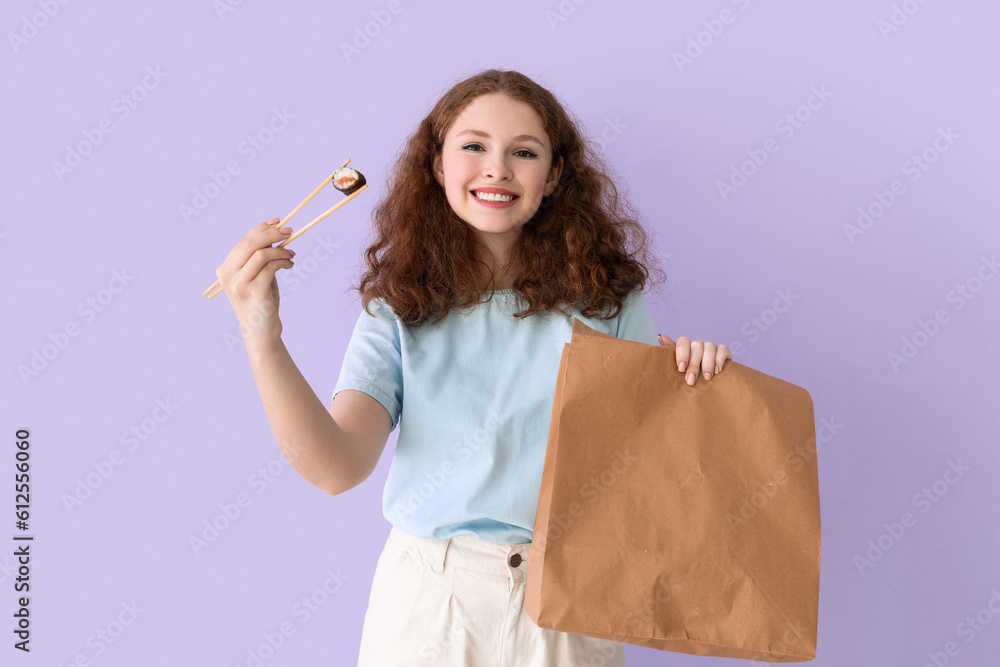 Young woman with sushi roll and paper bag on lilac background