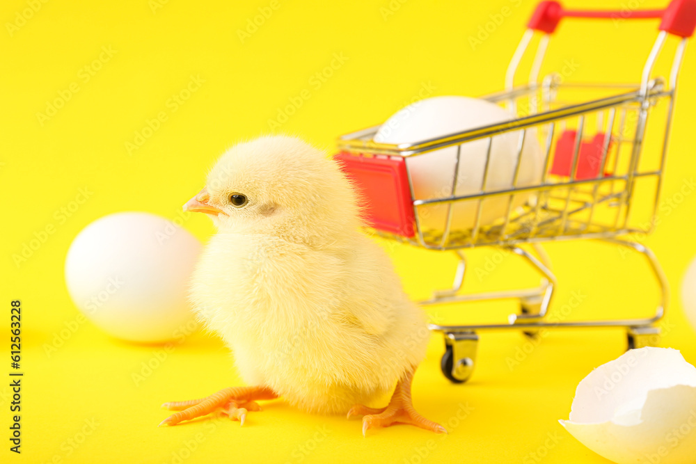 Shopping cart with cute little chick and eggs on yellow background