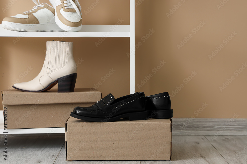 Shelving unit with cardboard boxes and different stylish shoes near color wall