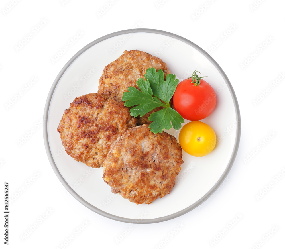 Plate with cutlets, parsley and tomatoes on white background