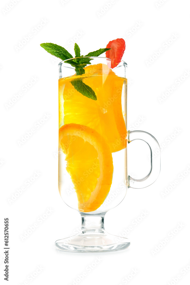 Glass of infused water with orange slices on white background