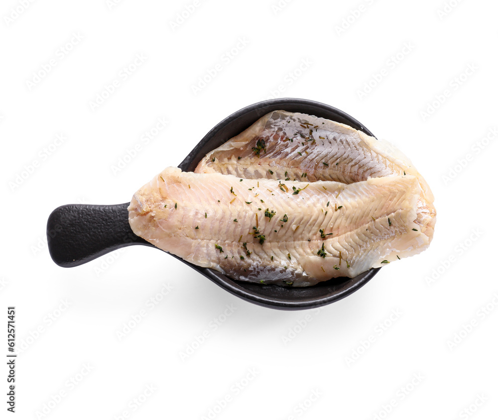 Frying pan with raw cod fillet on white background