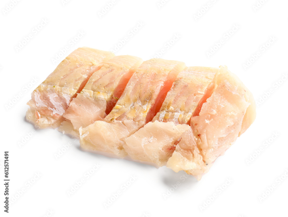 Pieces of raw codfish fillet on white background