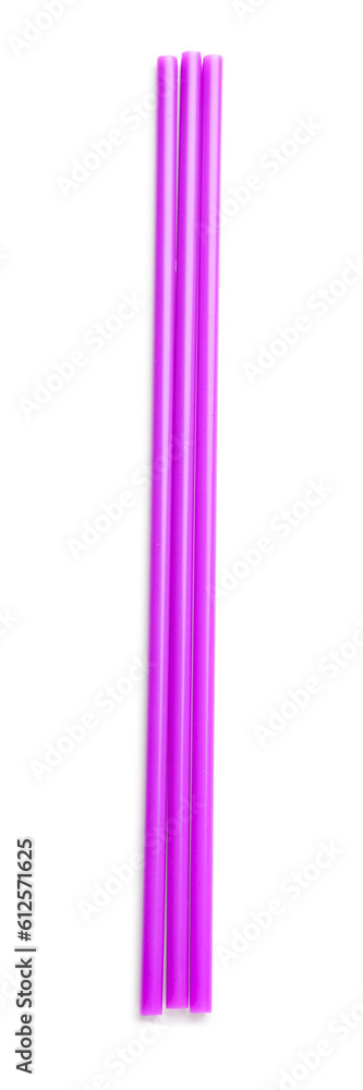 Purple plastic straws on white background