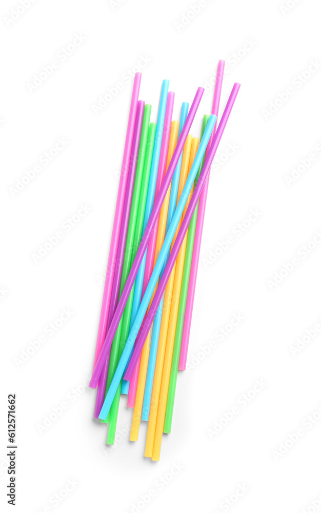 Different plastic straws on white background