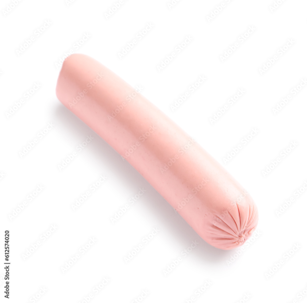 Tasty thin sausage on white background