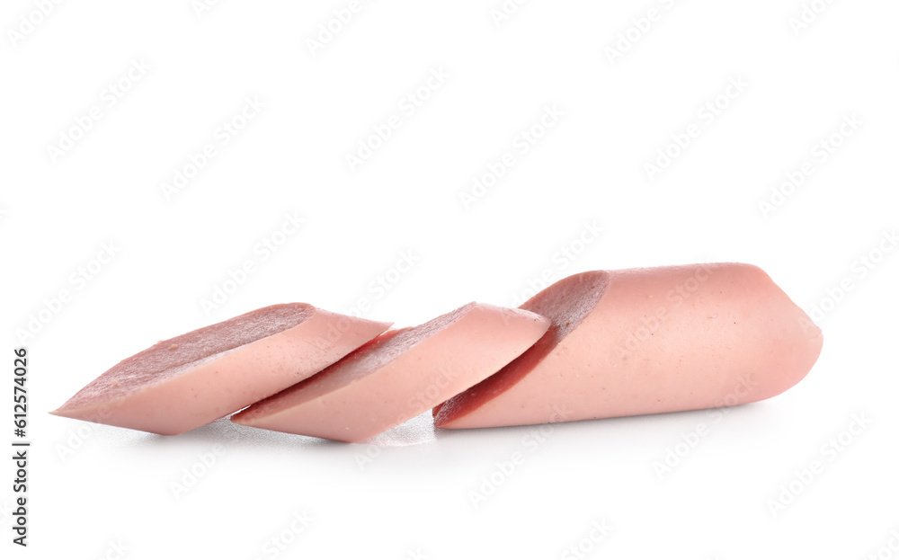 Slices of tasty thin sausage on white background