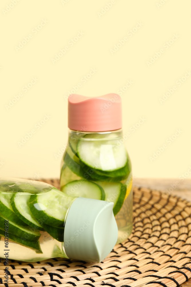 Sports bottles of infused water with cucumber slices on beige background