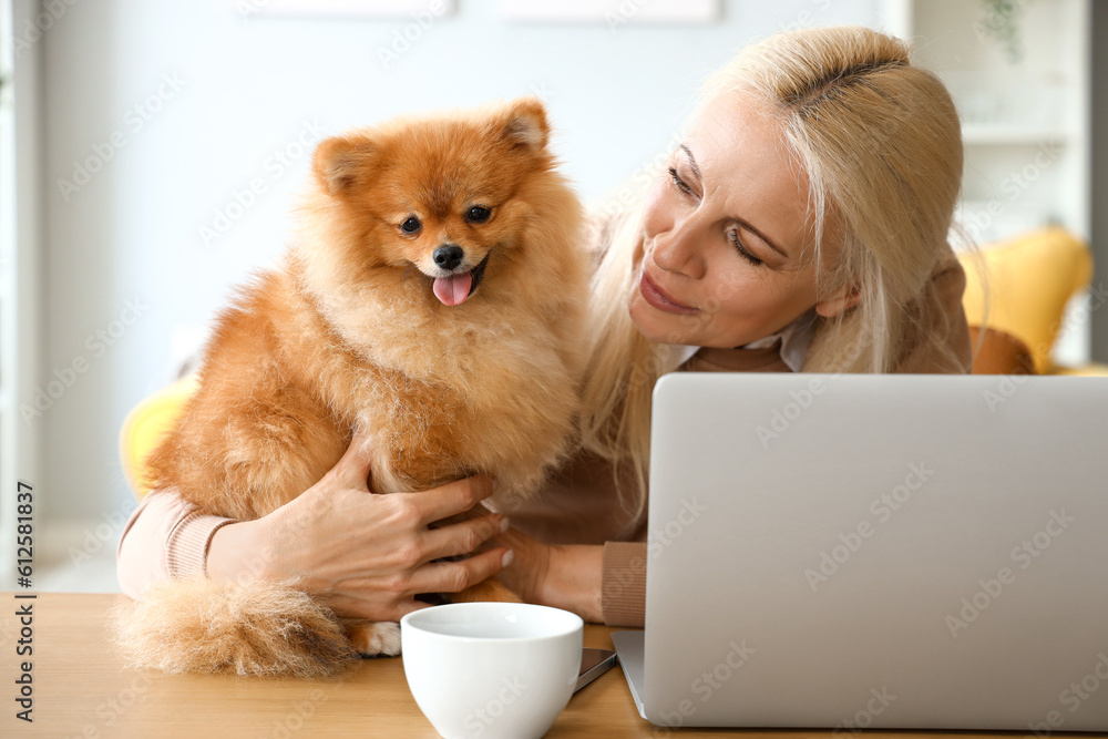 Mature woman with Pomeranian dog at table in office