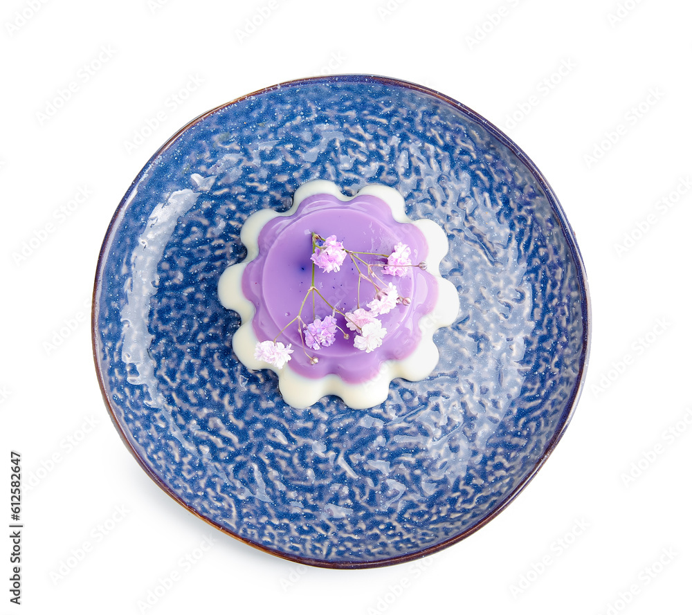 Plate of panna cotta with beautiful gypsophila flowers on white background