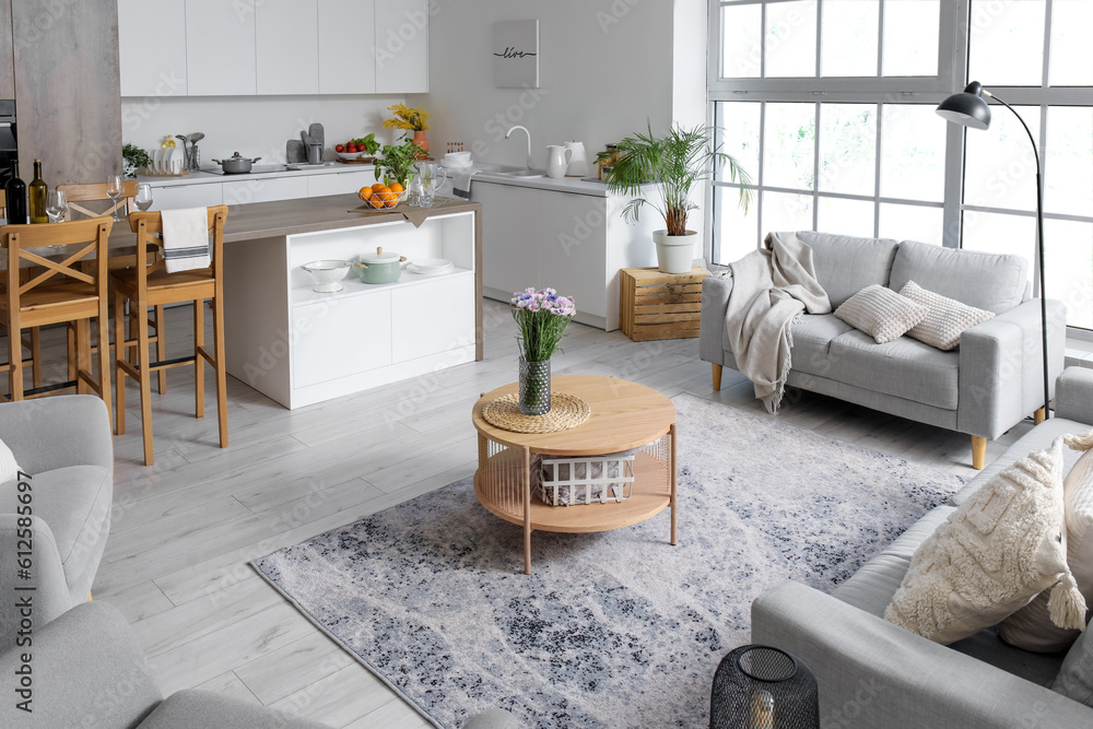 Interior of light open plan kitchen with coffee table and cozy sofas