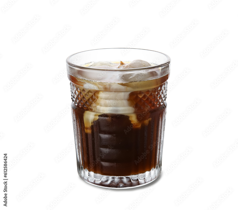 Glass of ice coffee on white background