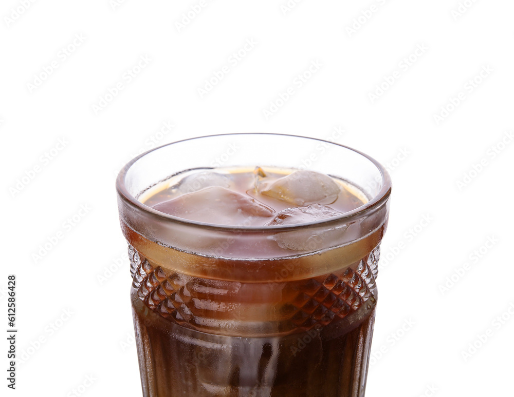 Glass of ice coffee on white background