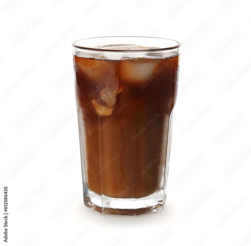 Glass of ice coffee on white background