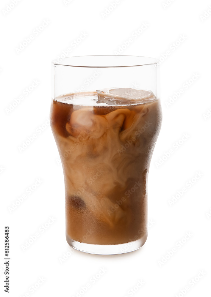 Glass of ice coffee on white background