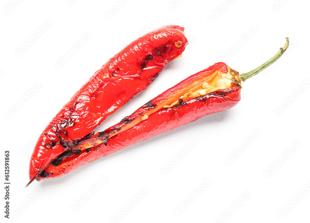 Tasty grilled pepper pieces on white background