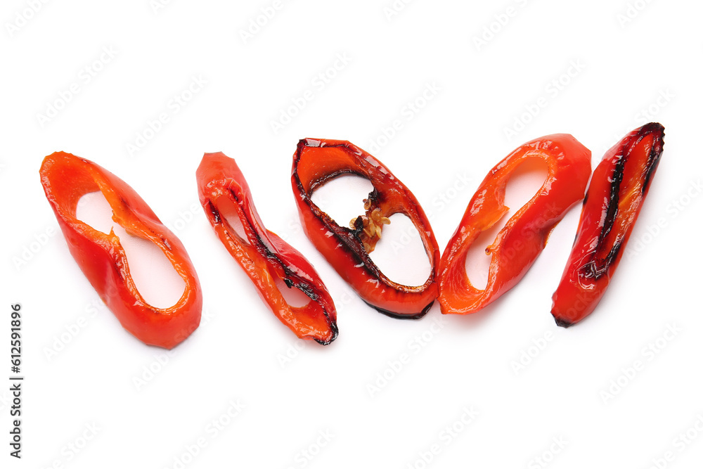 Tasty grilled pepper slices on white background