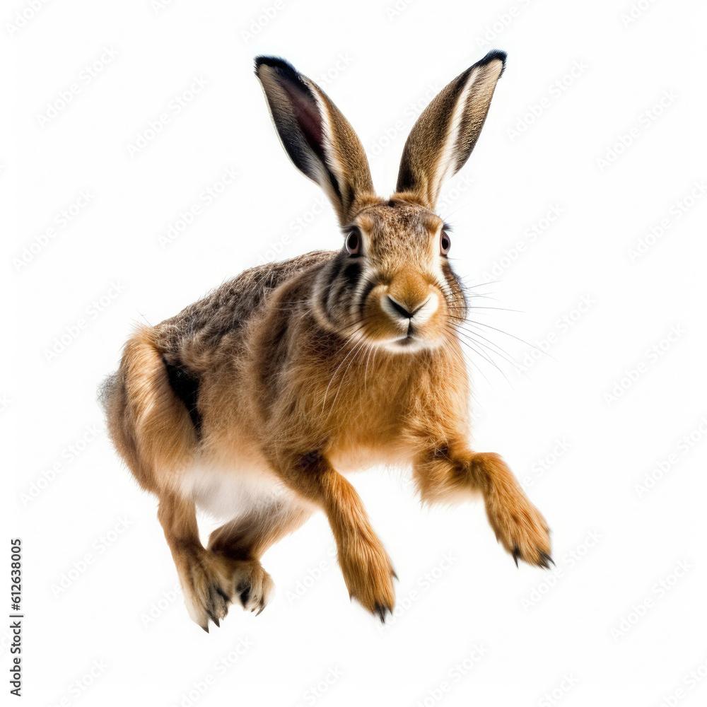 Hare (Lepus) running, mid-leap, long ears, agile movements