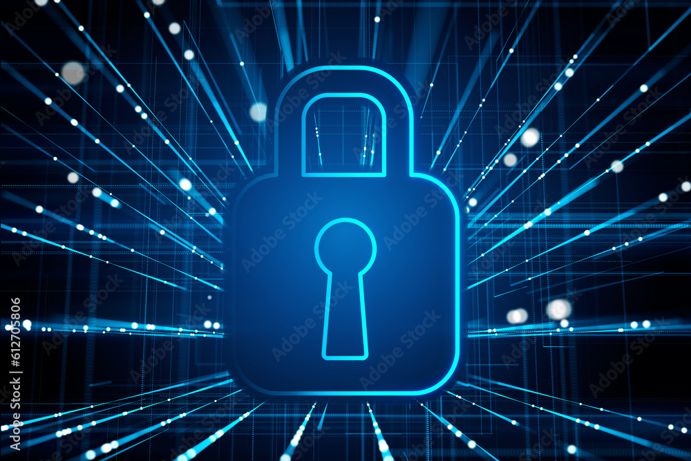 Abstract dark blue digital mesh background with glowing padlock icon. Safety and secure concept. 3D 