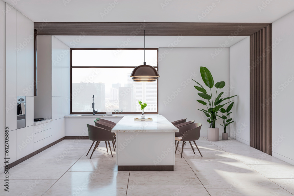 Side view of light modern kitchen interior design with big marble dining table with chairs, tiles fl