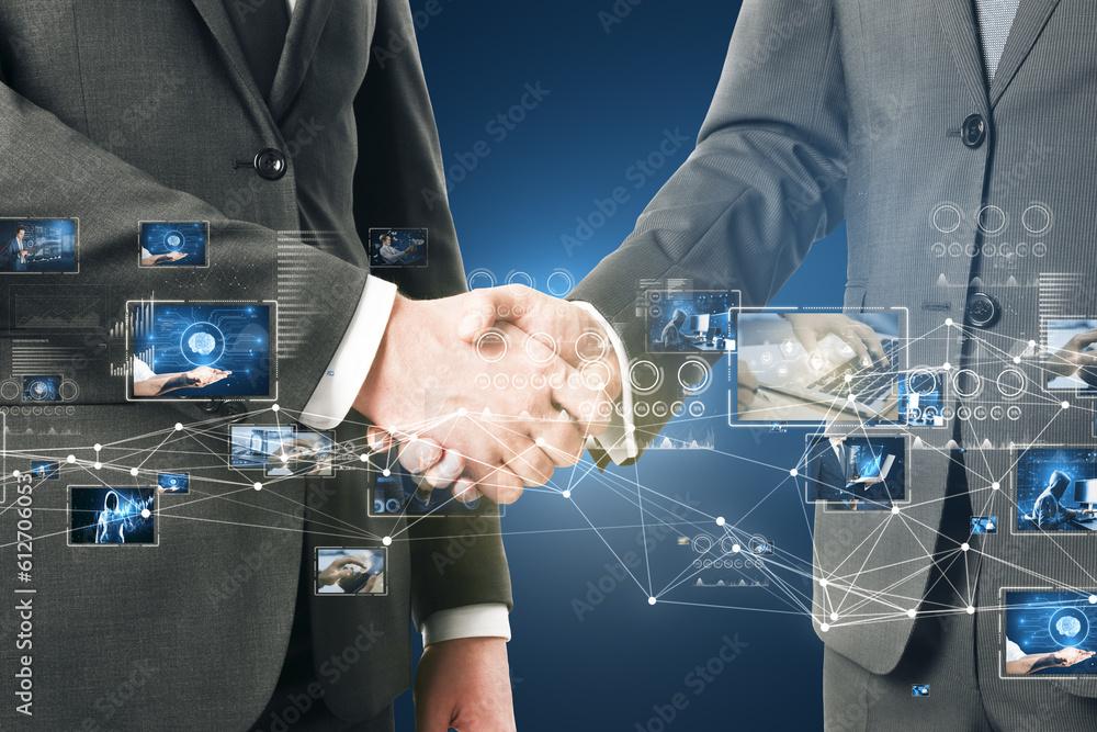 Connecting businesspeople, video conference concept. Close up of businessmen shaking hands with poly