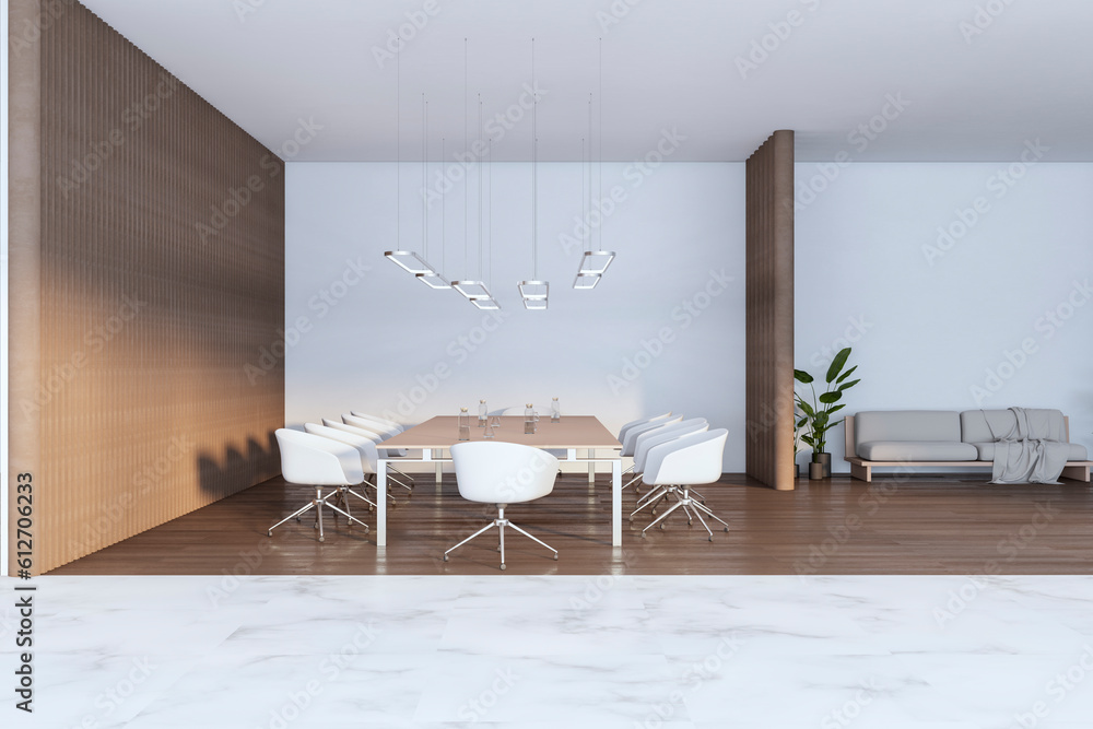 Modern empty concrete and wooden meeting room interior with furniture and other objects. 3D Renderin