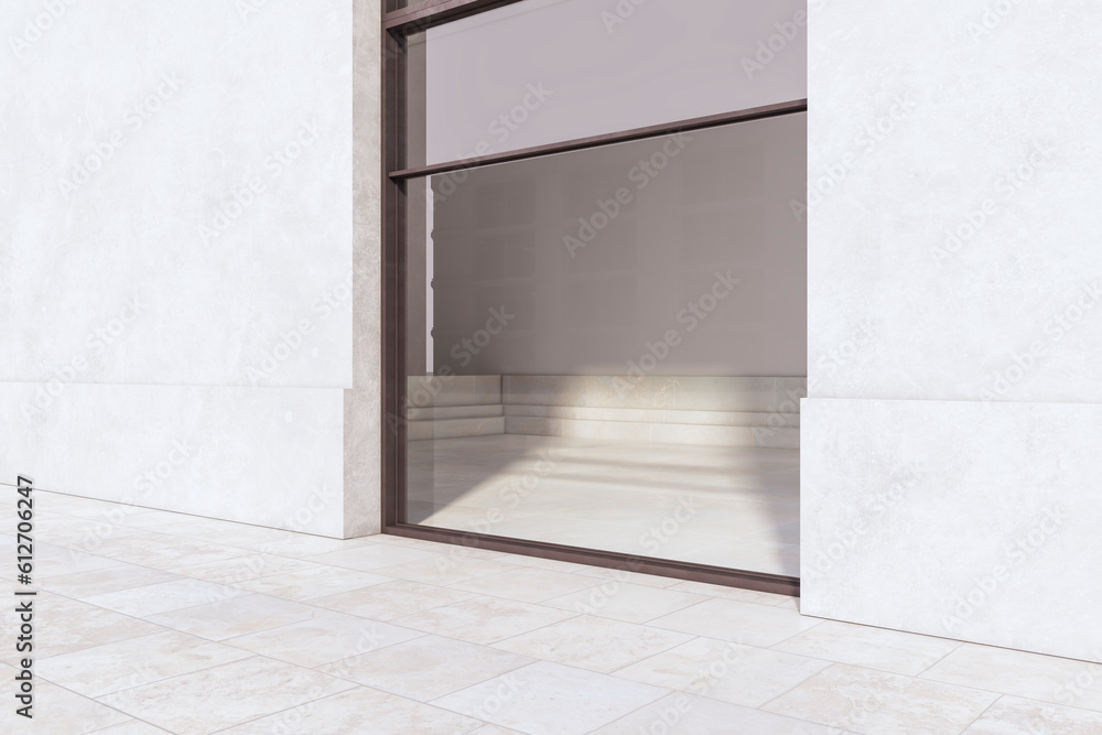 Creative glass showcase in concrete building exterior. Shop and retail concept. 3D Rendering.