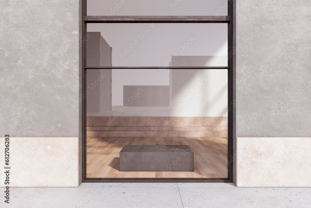 Clean glass showcase with reflections in concrete building exterior. Shop and retail concept. 3D Ren