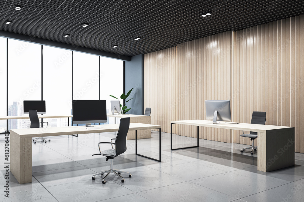 Eco open space office interior design with city view background from panoramic window, wooden furnit