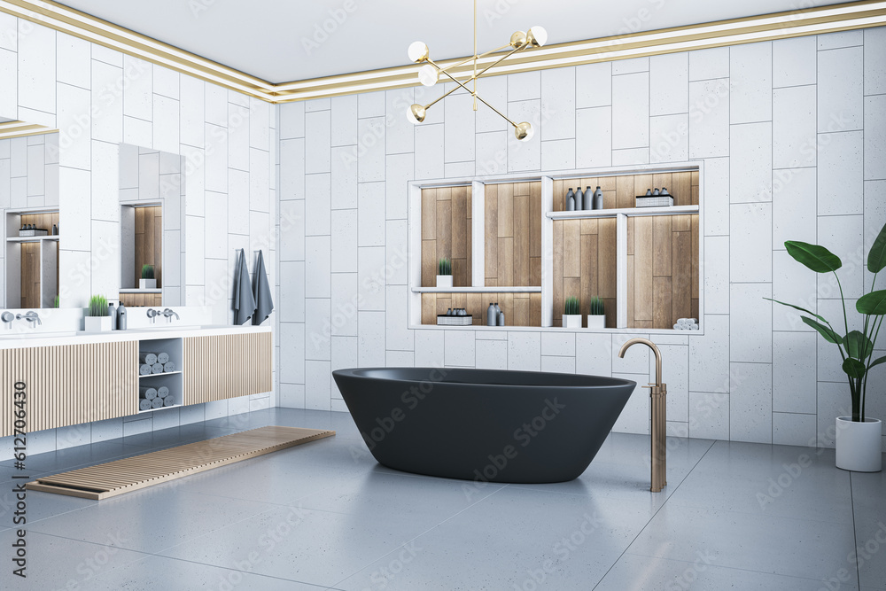 New light tile luxury bathroom interior with bath tub, shelves and decorative items. 3D Rendering.