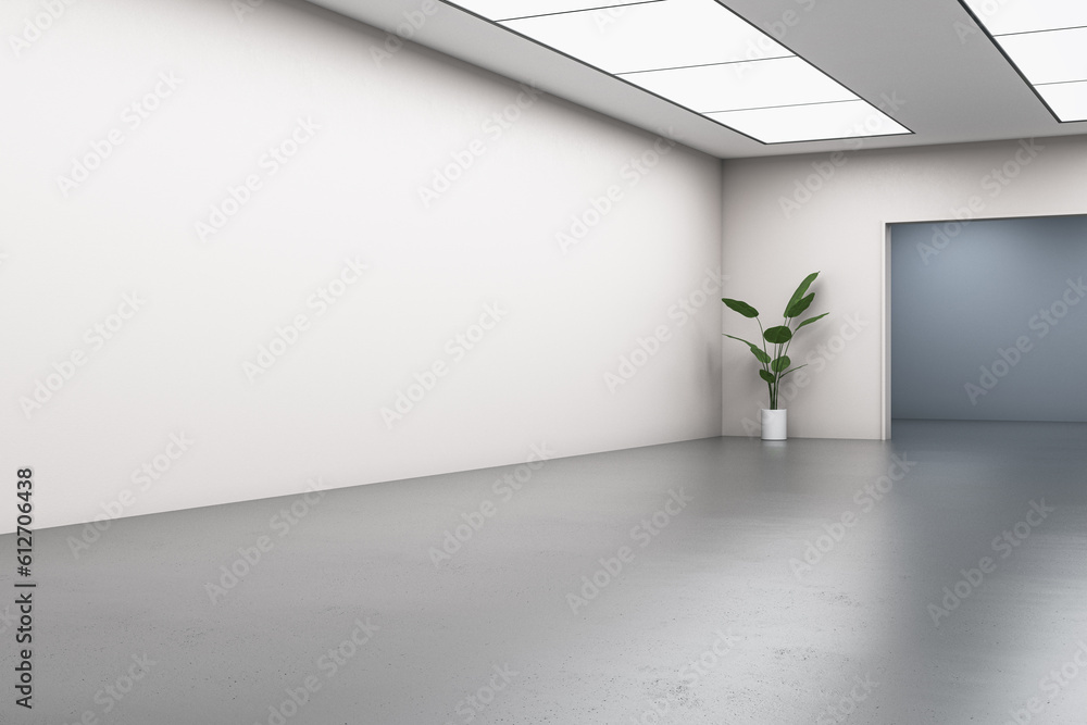 Modern gallery interior with concrete flooring with reflections, blank mock up place on wall,, refle