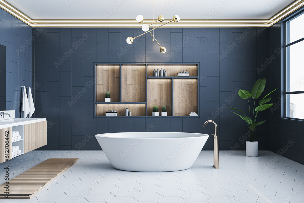 Modern blue tile luxury bathroom interior with bath tub, shelves and decorative items. 3D Rendering.