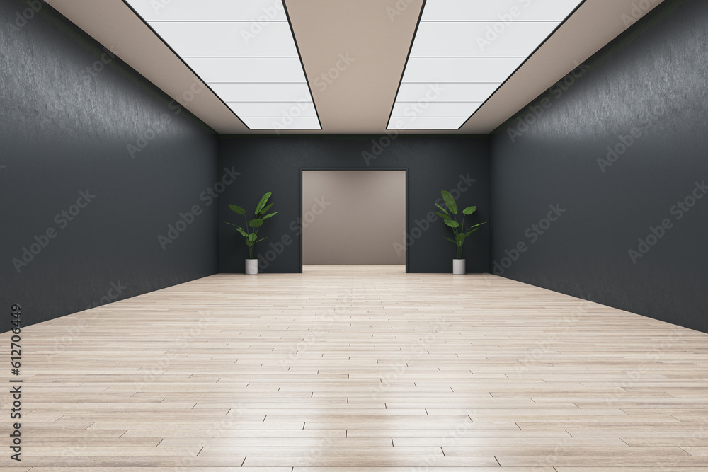 Modern gallery interior with wooden flooring, arch, decorative plant and bright ceiling. 3D Renderin