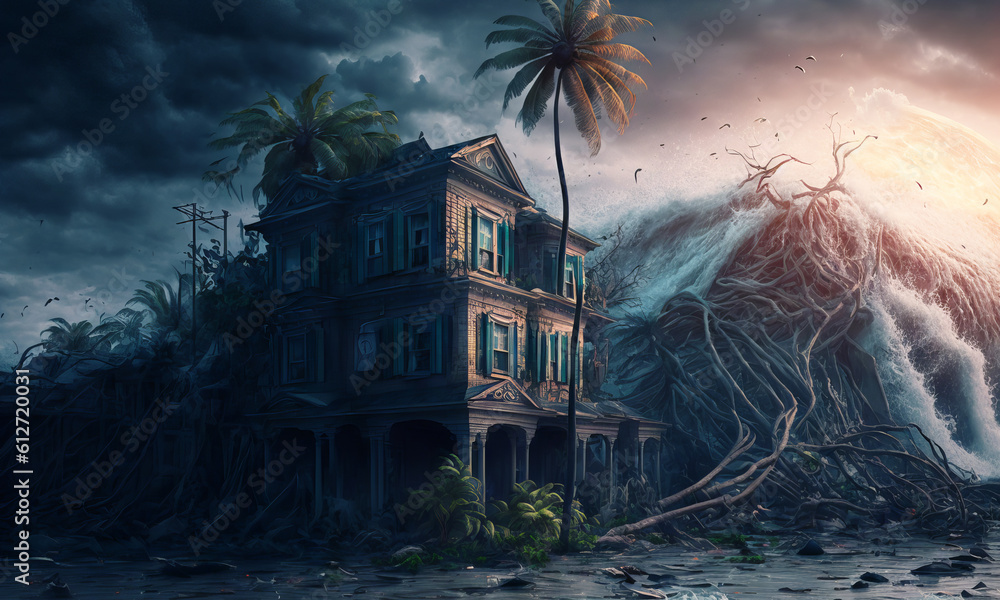 Huge tsunami destroying a house. Dramatic scenery with a big wave flooding the lanscape. Natural dis