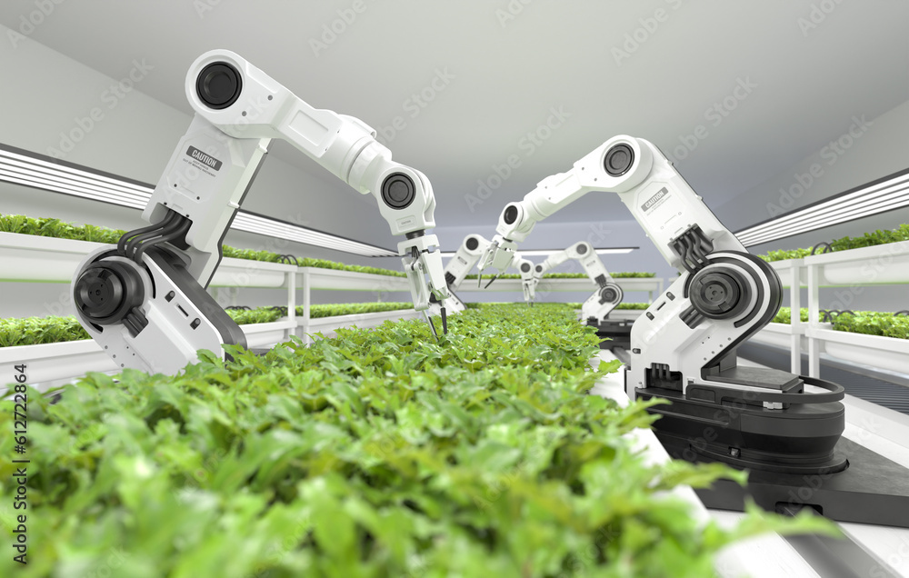 Smart robotic farmers concept, robot farmers, Agriculture technology, Farm automation.