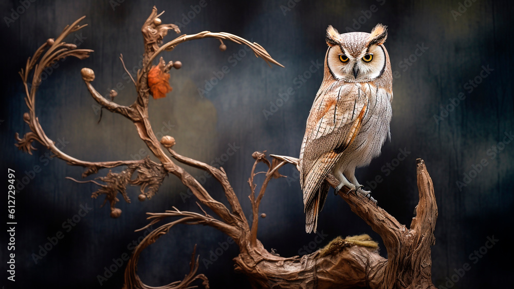 Beautiful owl sitting on a tree branch. Dark background. Generative AI.