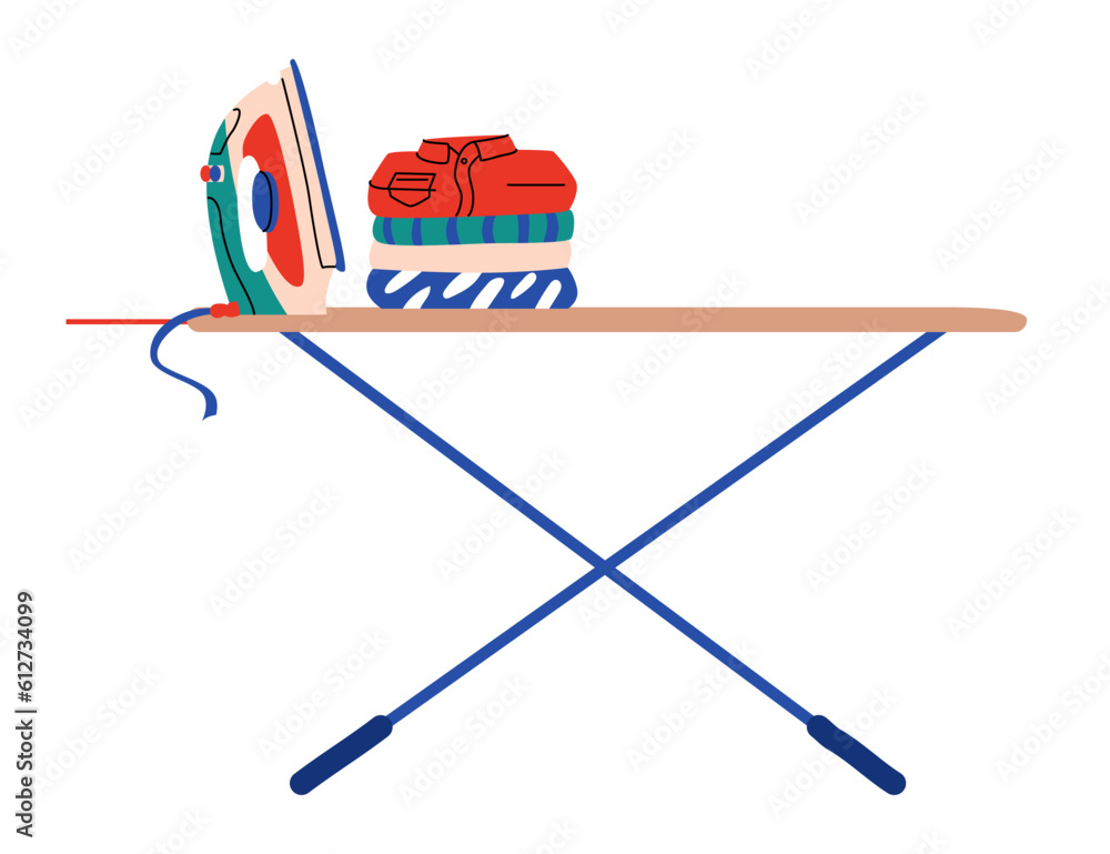 Concept of washing clothes in the laundry. An ironing board with an iron and a pile of clean, ironed