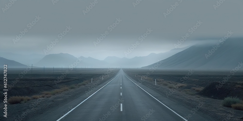 Misty empty road in lowlands. Foggy highway. Mystery travel concept. Generative AI