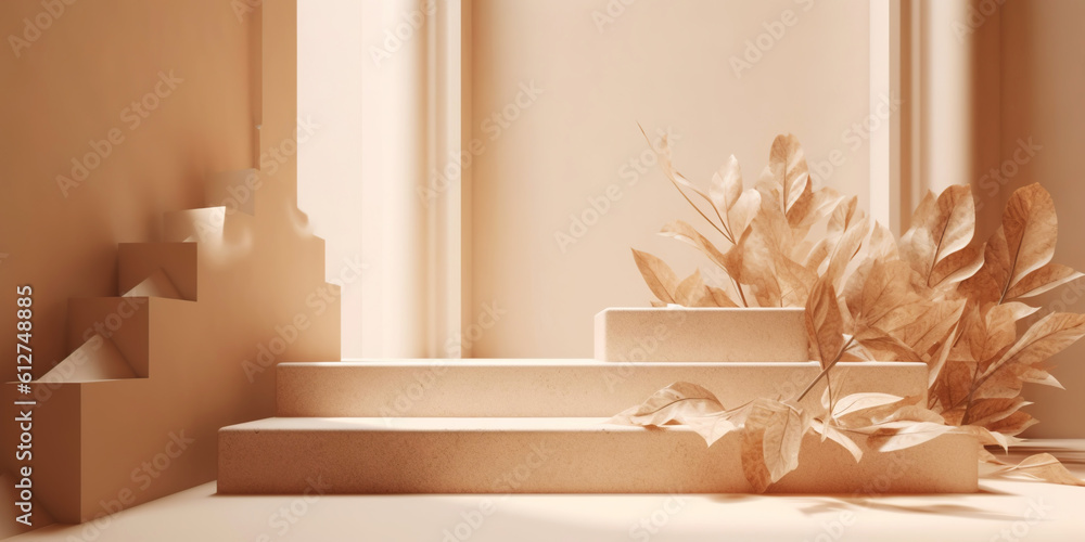 Beige podium for product display presentation. Sandstone and sandy colored plants. Generative AI