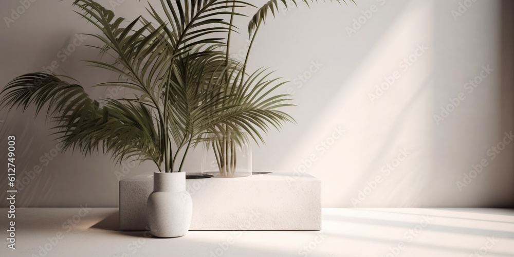 White product display podium with nature palm leaves. Generative AI