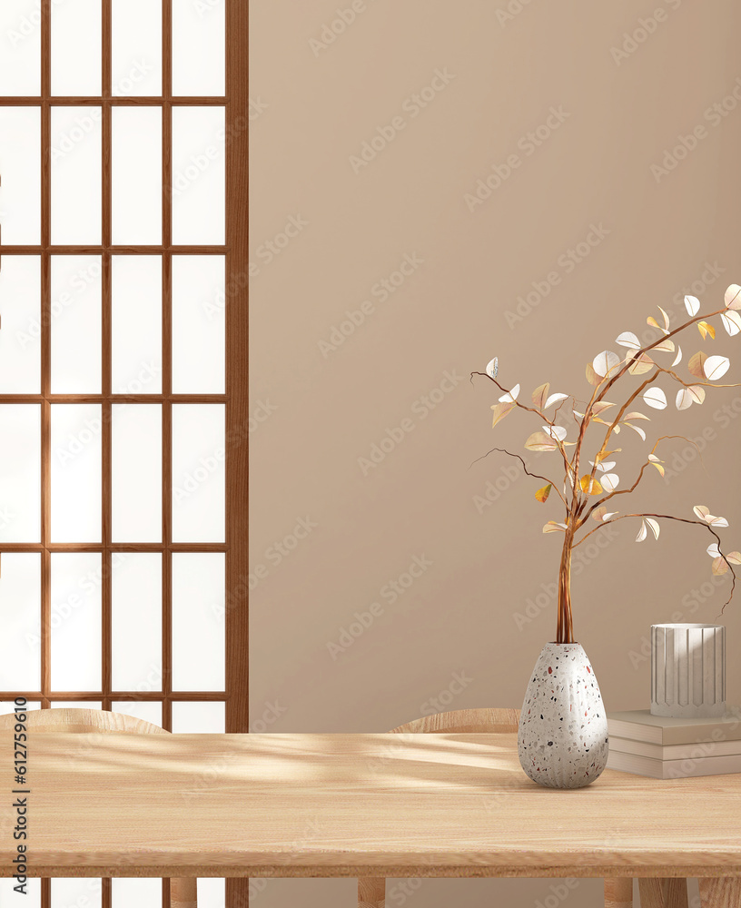 Blank minimal natural wooden dining table with twig in vase, sunlight on traditional Japanese brown 