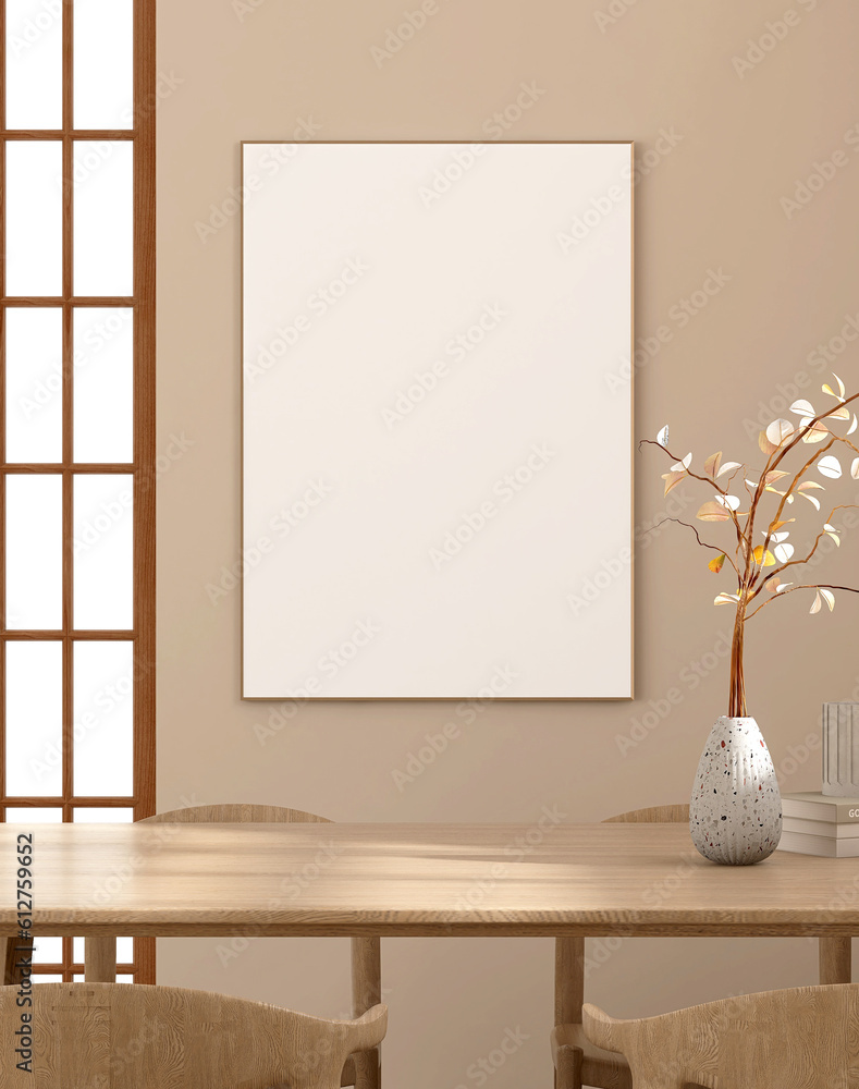 Blank vertical photo poster frame on beige wall in minimal Japanese dining room in sunlight on woode