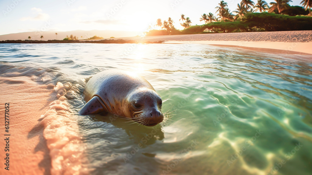 Hawaiian Monk Seal relaxing in the water on a tropical beach with palm trees. Generative AI.